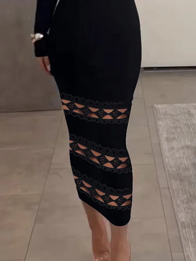 Fitted midi dress with long sleeves, openwork design and off-the-shoulder neckline for a sophisticated look