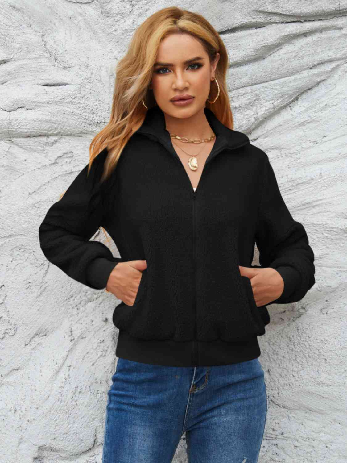 Women's Long-Sleeved Jacket with Collar and Zipper – Ideal for All Seasons