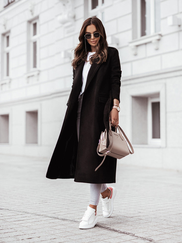 Women's Long V-Neck Coat with Adjustable Belt