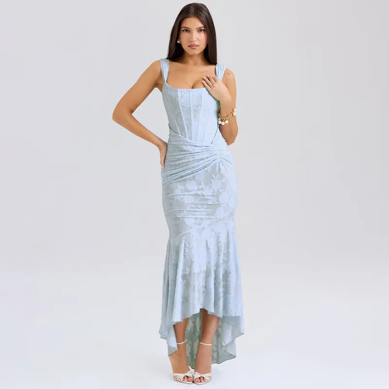 Eva - Solid Color V-Neck High Waist Fitted Long Dress