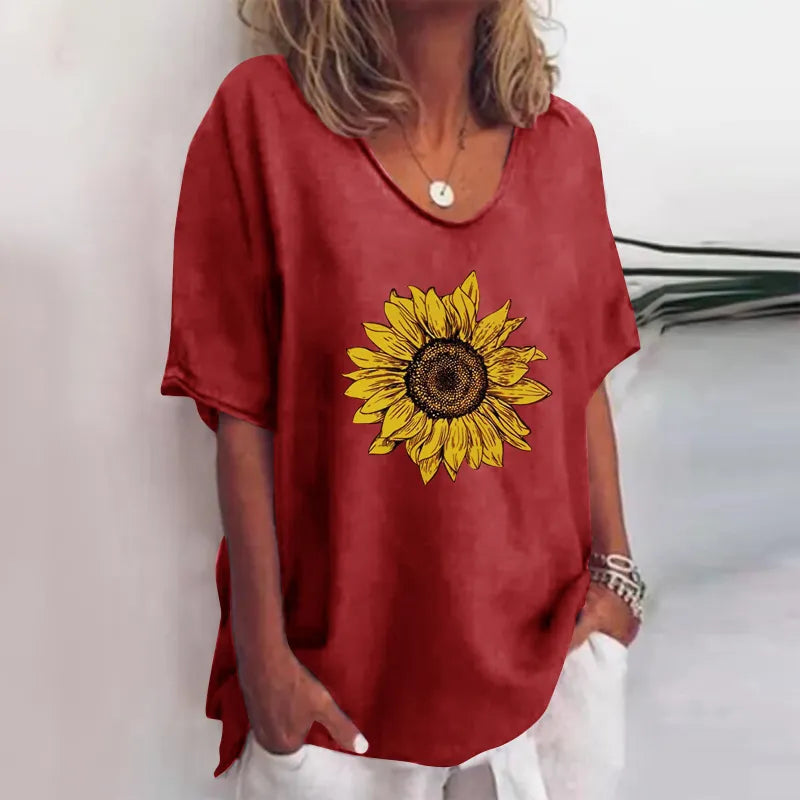 Alba - Green Floral Print Crew Neck Half Sleeve T-Shirt