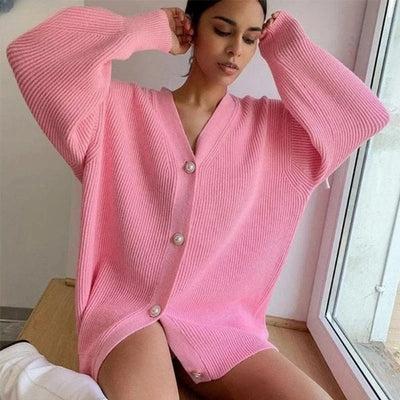 Women's Oversized Cardigan with Heart Buttons: Warm Knitted Sweater for Fall and Winter
