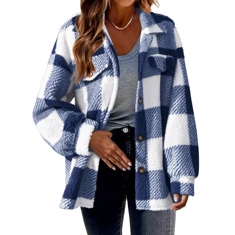 Women's Button-Down Plaid Jacket - Cozy and Modern Coat