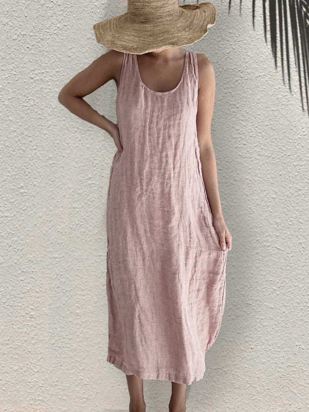 Greattioa Women's Casual Loose Cotton Linen Summer Vacation Plain Round Neck Sleeveless Dress