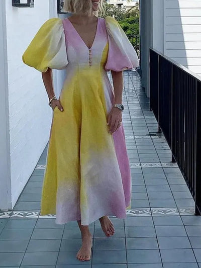 Delia - Dress with puff sleeves and V-neck