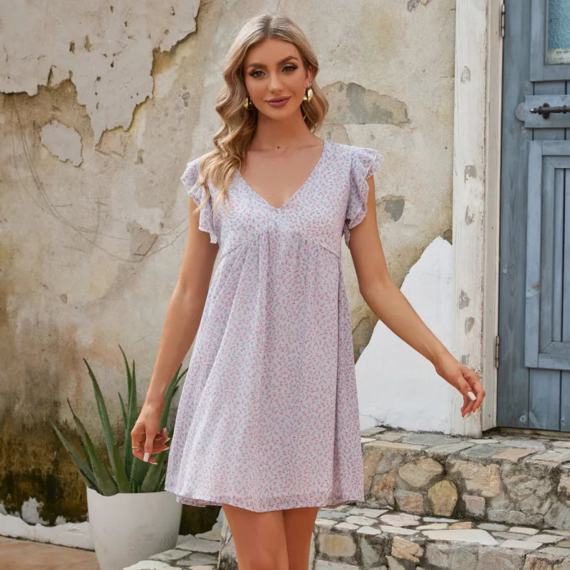 Anna - A-line dresses with V-neck and slit with fashionable street print