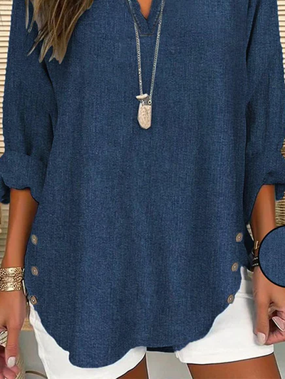 Daniela - Women's Long Sleeve Blouse Spring/Autumn Simple Buckle Notched Everyday Going Out Casual Top Blue