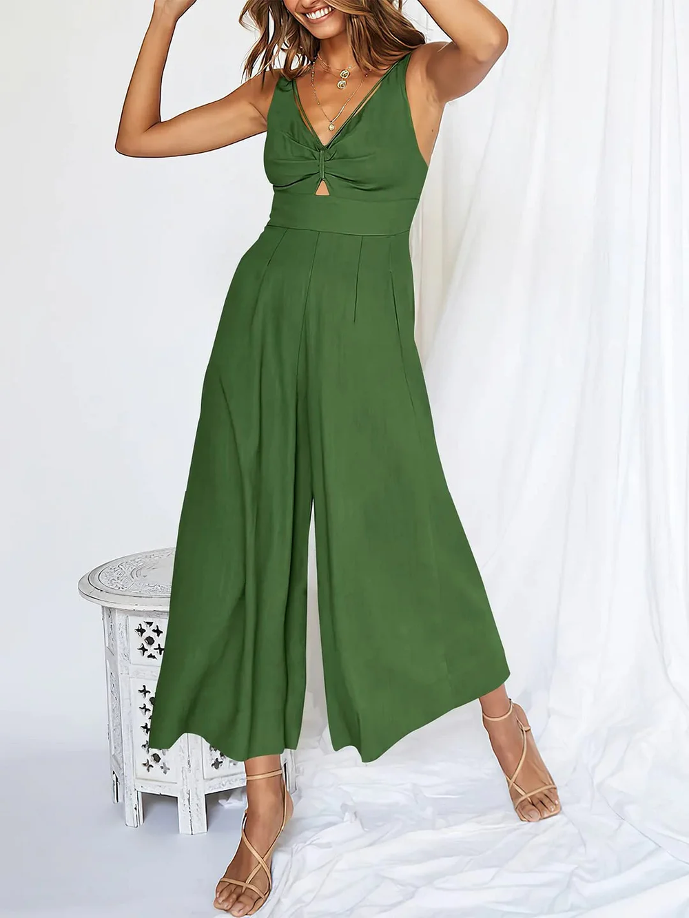 Modern style casual jumpsuit with wide pants and sleeveless V-neck