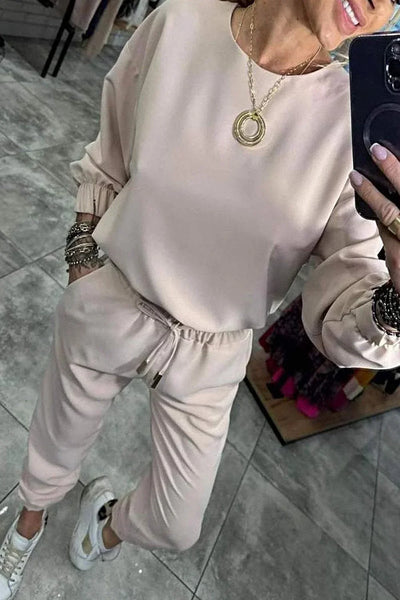Women's Two-Piece Set - Solid Color Shirt and Pants