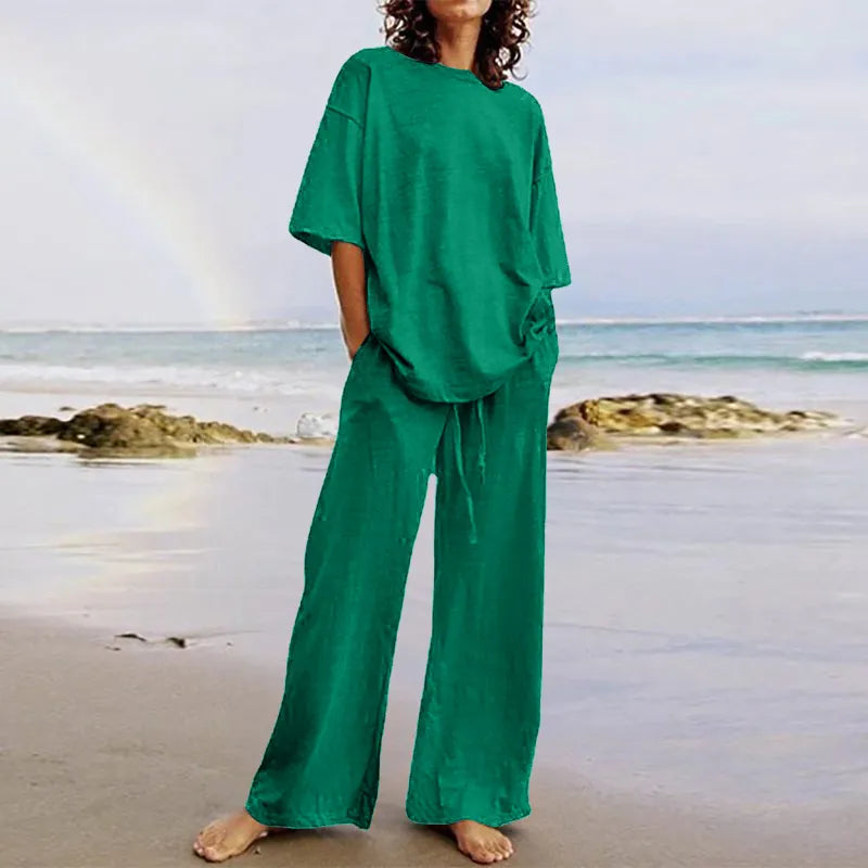 Frida - Casual Set with Belt and Pockets, Half-Sleeve Round Neck Top and Wide-Leg Pants