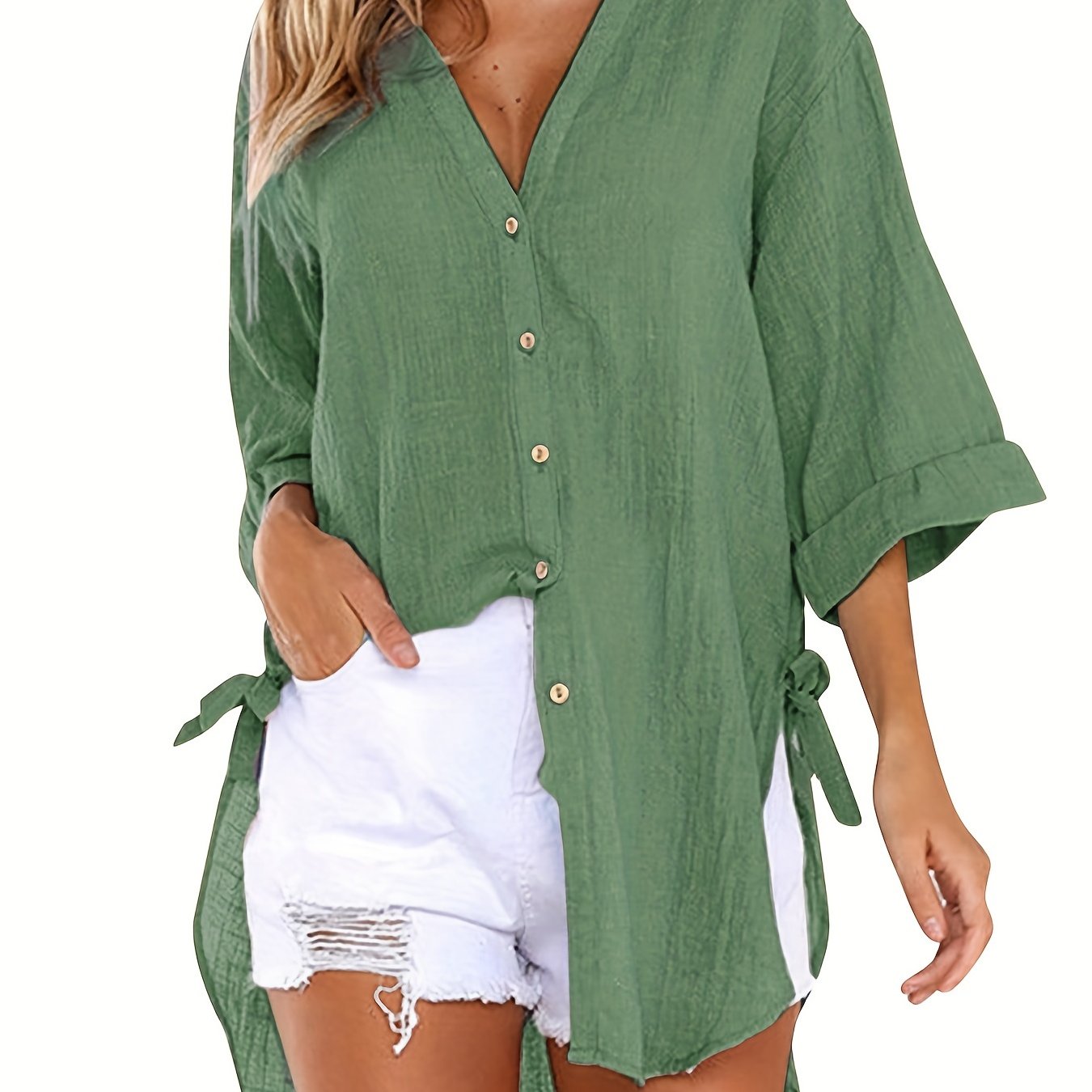 Emma - Casual Solid Color Short Sleeve Neckline Blouse