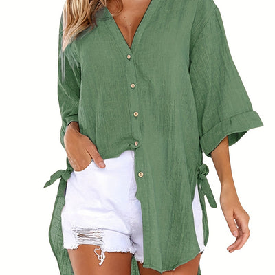 Emma - Casual Solid Color Short Sleeve Neckline Blouse