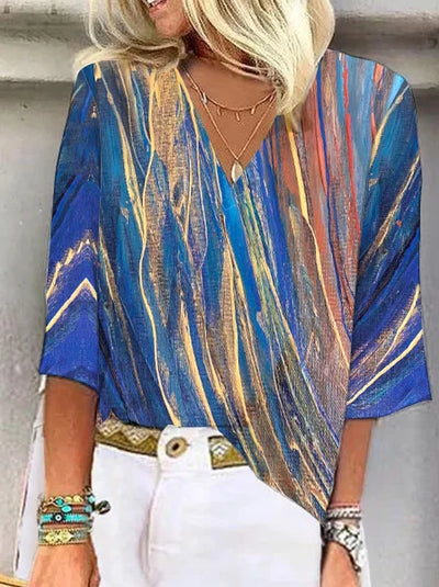 Diana - Women's 3/4 Sleeve V-Neck Abstract Floral Colorful Summer Blouse