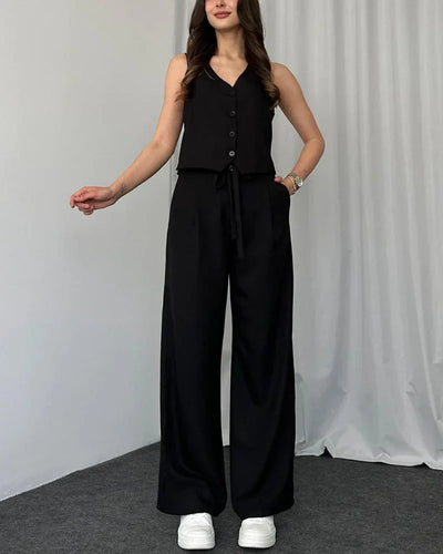 Helena - Solid color casual vest two-piece set.
