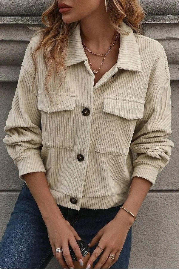 Beige Jacket with Flap Pockets and Folded Collar