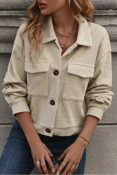 Beige Jacket with Flap Pockets and Folded Collar