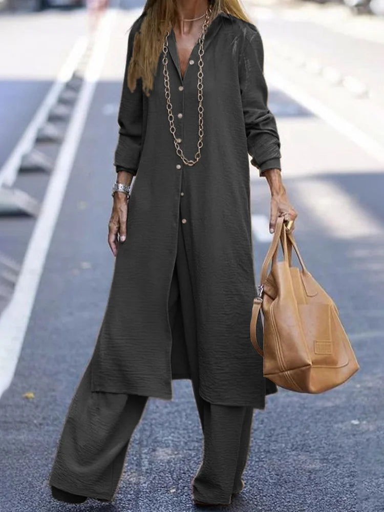 Janna - Women's Casual Solid Color Shirt and Long Pants Set
