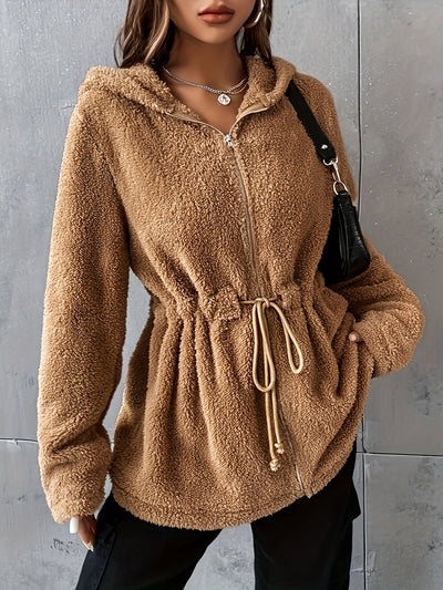 Women's Drawstring Hooded Teddy Jacket - Casual Zipper Outerwear