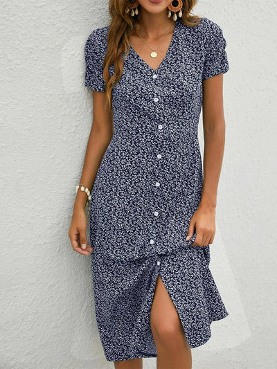 Mila - Navy blue short-sleeved V-neck midi dress