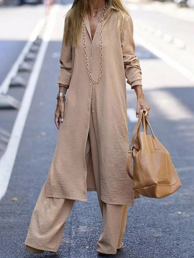 Janna - Women's Casual Solid Color Shirt and Long Pants Set