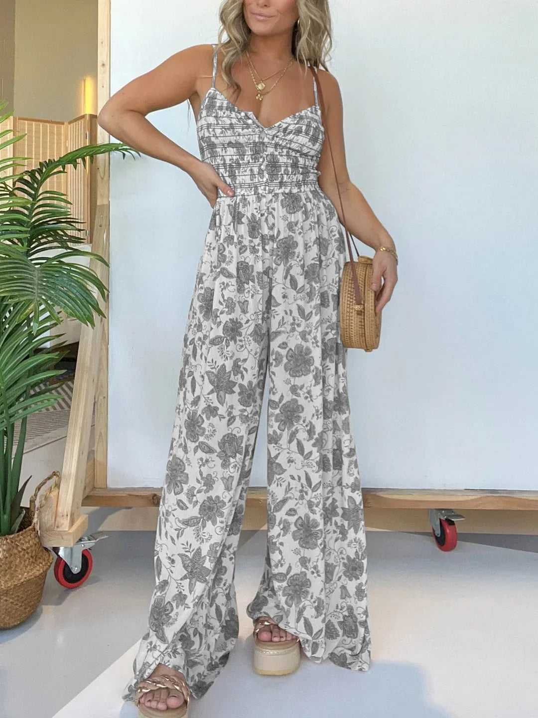 Judith - Floral Strappy Wide Leg Jumpsuit