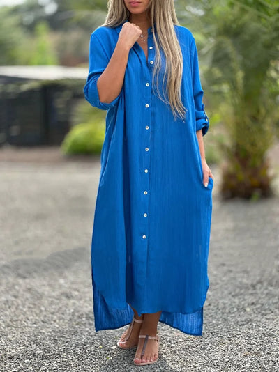 Frida - Women's Casual Solid Color Button Front Shirt Dress