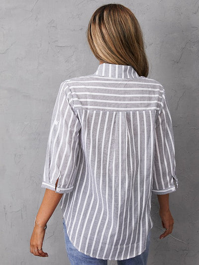 Delia - Casual Half Sleeve V-Neck Striped Print T-Shirt
