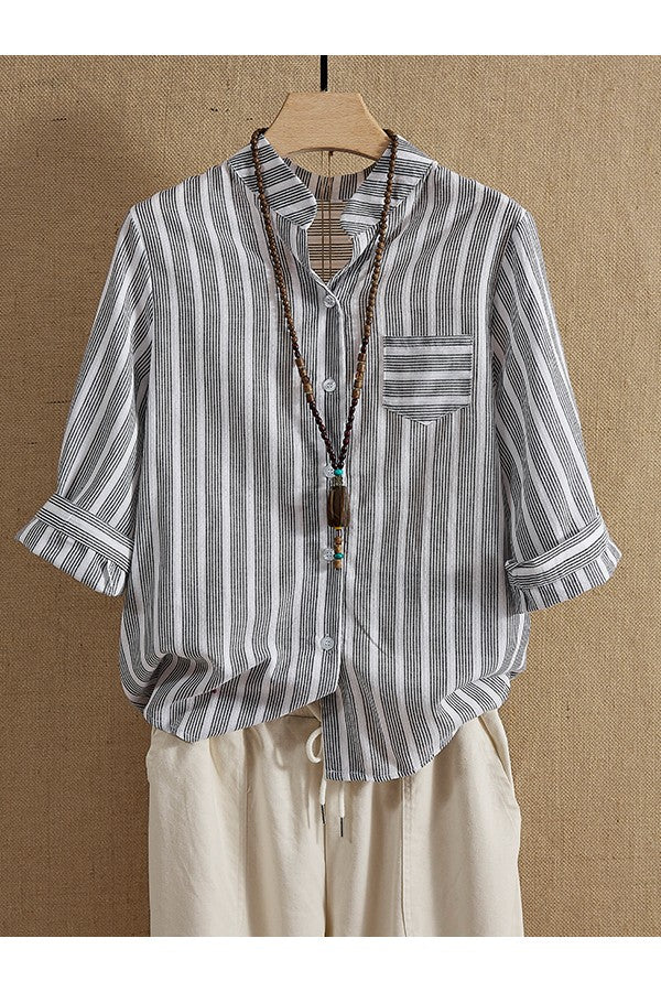 Delia - Casual Half Sleeve V-Neck Striped Print T-Shirt