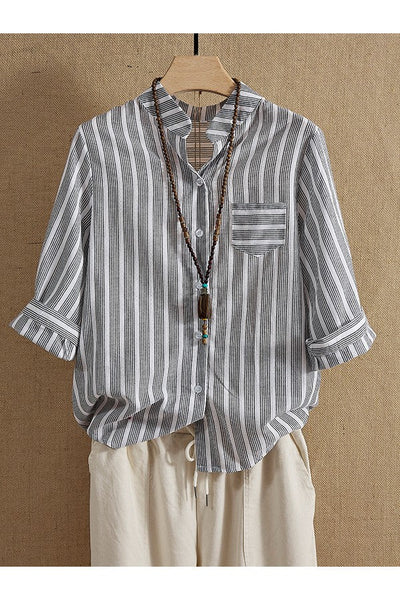 Delia - Casual Half Sleeve V-Neck Striped Print T-Shirt
