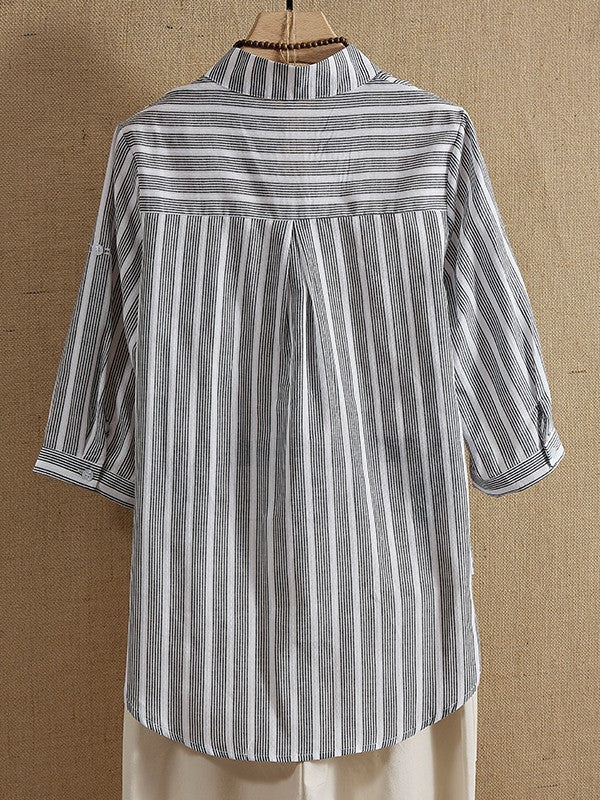 Delia - Casual Half Sleeve V-Neck Striped Print T-Shirt