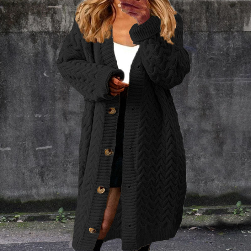Loose-fitting, mid-length button-down cardigan