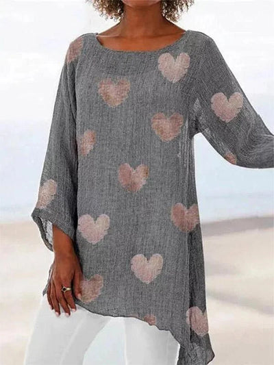 Colette - Women's cotton and linen T-shirt with heart print and round neck