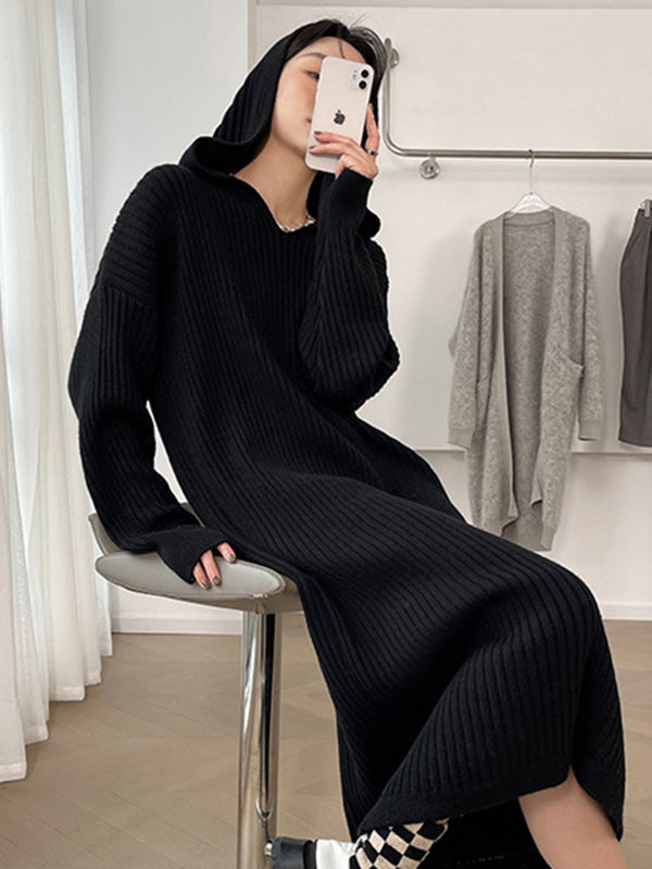 Elegant Striped Hooded Dress with Long Sleeves in Peach