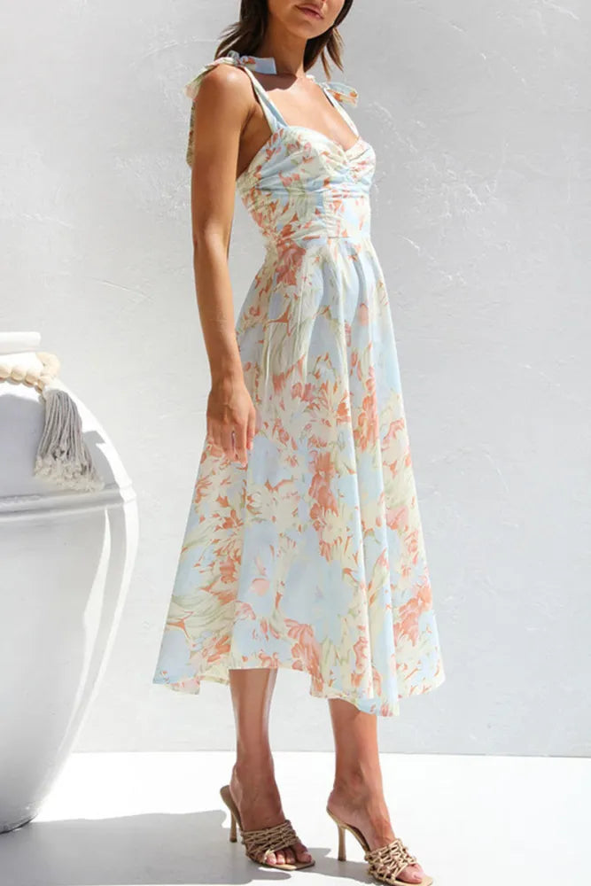 Amalie - Sweet and Elegant Floral Pleated V-Neck Dress with Waist Skirt