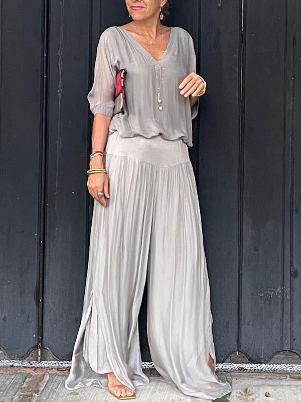 Marta - Elegant two-piece set with wide chiffon pants