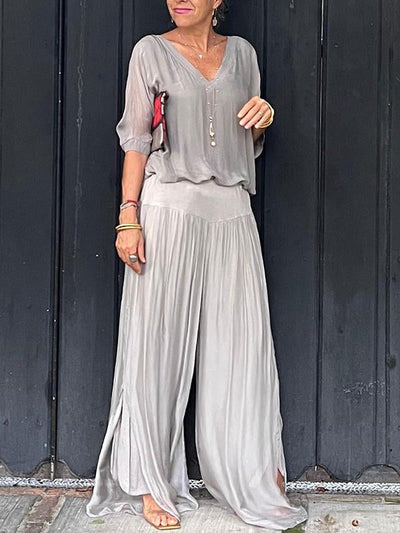 Marta - Elegant two-piece set with wide chiffon pants
