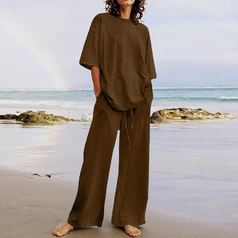 Frida - Casual Set with Belt and Pockets, Half-Sleeve Round Neck Top and Wide-Leg Pants