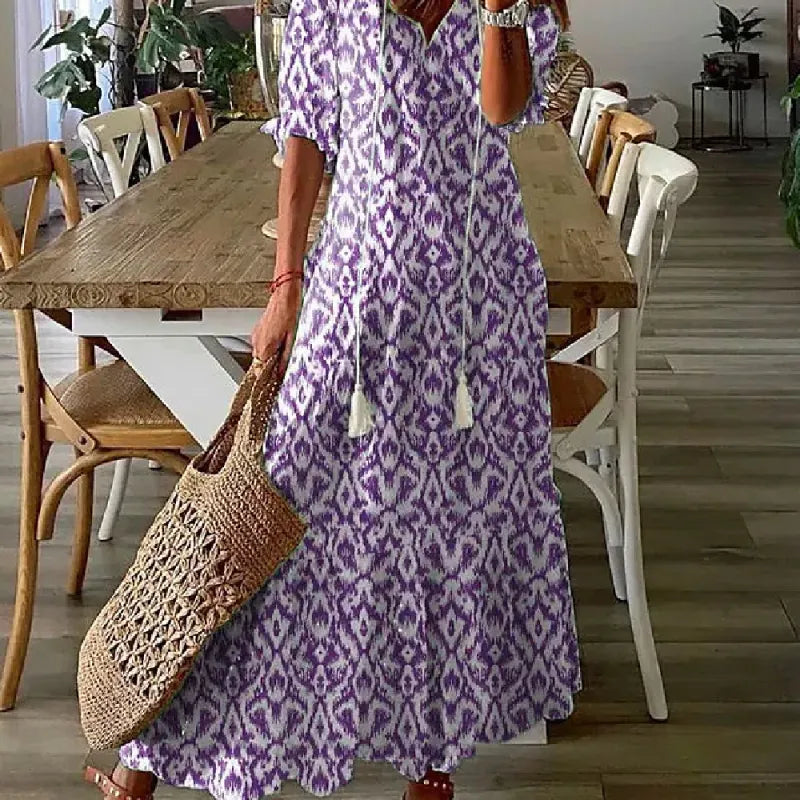 Delia - Women's Dresses Long V-neck Half Sleeve Dress with Beard Print