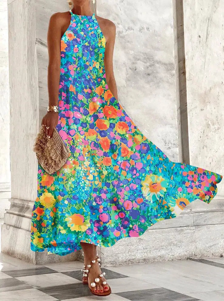 Hanna - Sleeveless printed dress with halter neckline