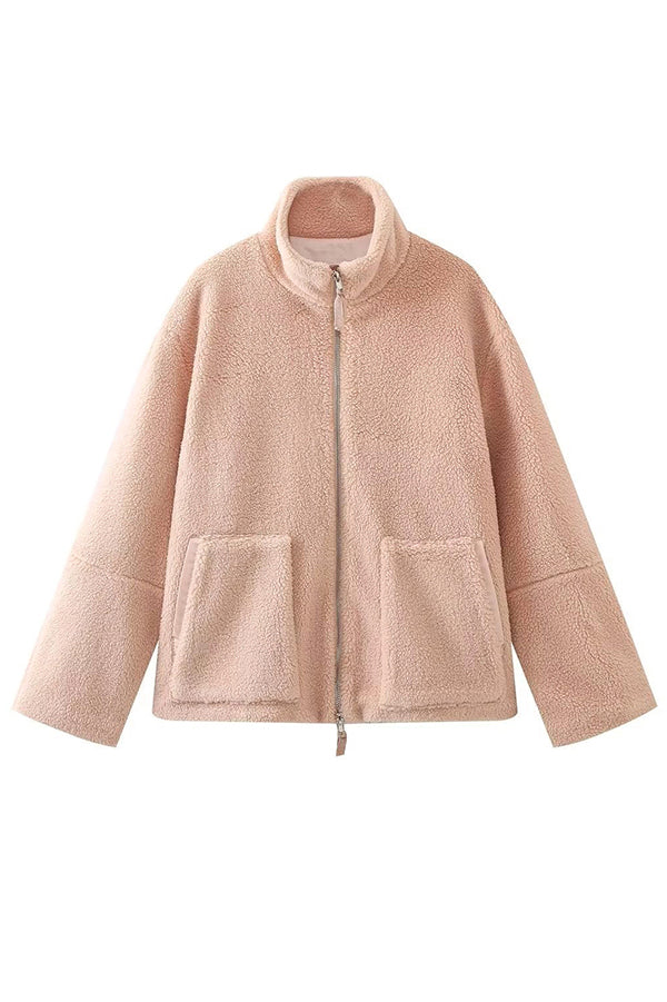 Elegant Women's Solid Color Loose Coat with High Neck, Long Sleeves and Pockets