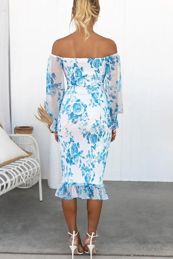Ania - Beautiful off-the-shoulder floral print midi dress with gathered waist