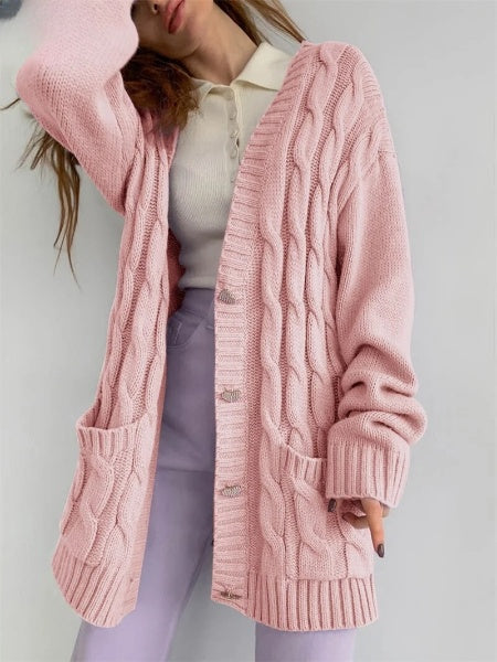 Women's Oversized Cardigan with Heart Buttons: Warm Knitted Sweater for Fall and Winter