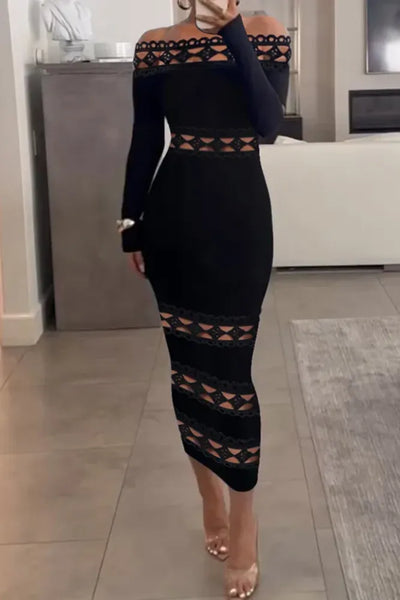 Fitted midi dress with long sleeves, openwork design and off-the-shoulder neckline for a sophisticated look