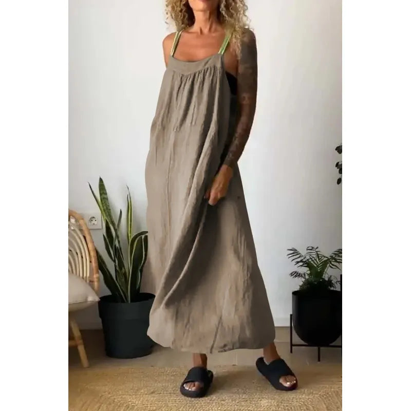 Charlotte - Long chambray dress with pockets and contrast straps in Beau Blue