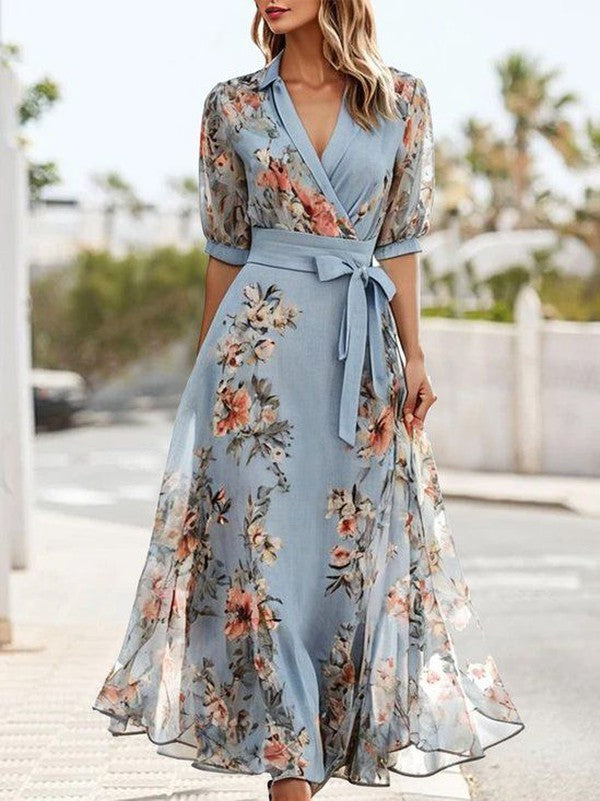 Elegant short-sleeved midi dress with a V-neckline