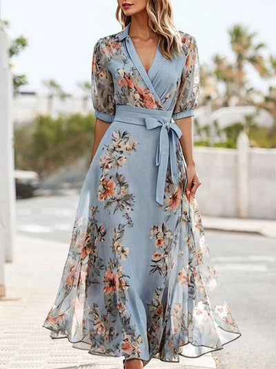 Elegant short-sleeved midi dress with a V-neckline