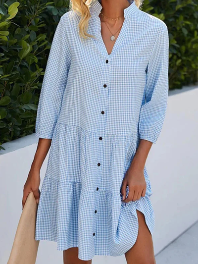 Rebecca - Loose A-line shirt dress with button placket and plaid print and high neckline