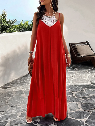 Heidy - Women's Loose Sleeveless Pleated Solid Color Split Spaghetti Neckline Long Dresses