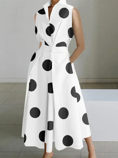 Irina - Sleeveless midi dresses with polka dot lapels