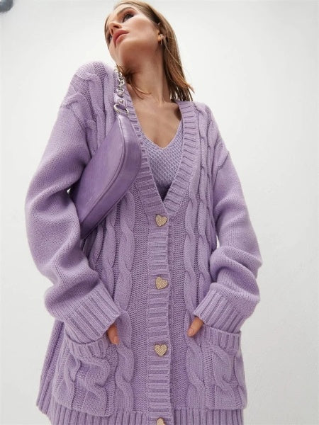 Women's Oversized Cardigan with Heart Buttons: Warm Knitted Sweater for Fall and Winter